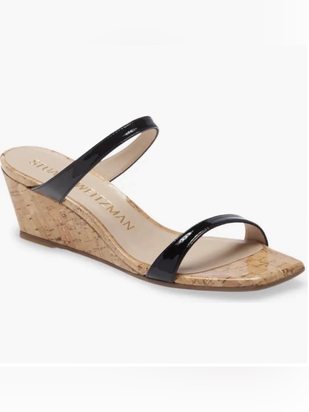 Stuart Weitzman Black Patent Cork Wedge Slide Sandal US 7.5
